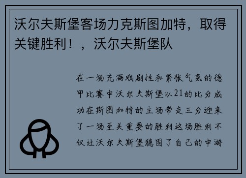 沃尔夫斯堡客场力克斯图加特，取得关键胜利！，沃尔夫斯堡队