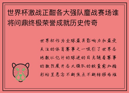 世界杯激战正酣各大强队鏖战赛场谁将问鼎终极荣誉成就历史传奇
