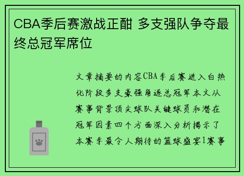 CBA季后赛激战正酣 多支强队争夺最终总冠军席位