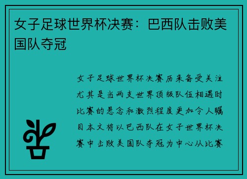 女子足球世界杯决赛：巴西队击败美国队夺冠