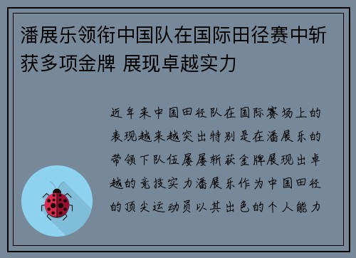 潘展乐领衔中国队在国际田径赛中斩获多项金牌 展现卓越实力