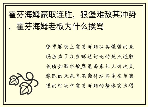 霍芬海姆豪取连胜，狼堡难敌其冲势，霍芬海姆老板为什么挨骂